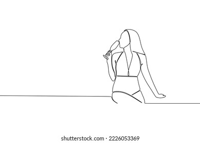 continuous line drawing of beautiful young woman with champagne glass for relax leisure