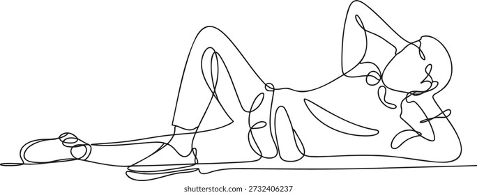 Continuous line drawing of beautiful young woman reclining on side in relaxed pose. Minimalist single line art capturing female figure in a sensual and aesthetic style. Simple outline sketch of woman lying down. Body contour drawing symbolizing relaxation elegance and human form isolated on transparent background in vector format.
