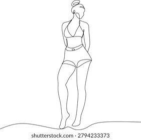 Continuous line drawing of a beautiful young woman in a bikini top and high waisted shorts. Minimalistic vector illustration of a female figure posing on a sandy beach line. Summer fashion concept. Hand drawn without artificial intelligence.