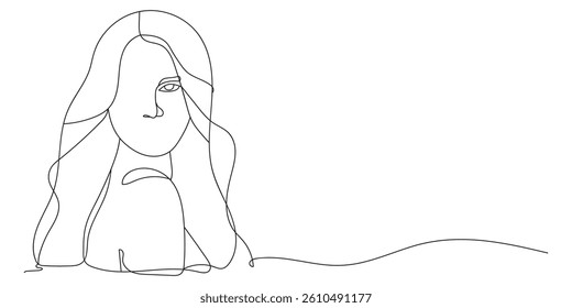 Continuous line drawing of Beauty girl face. Attractive young woman portrait female beauty. Black and white vector illustration