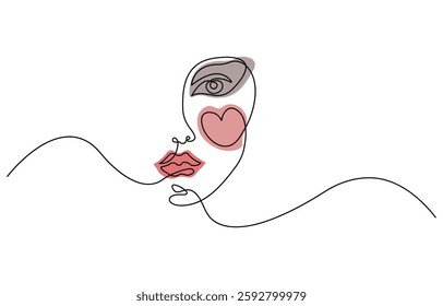 Continuous line drawing of beauty half woman face, Vector stock illustration, White background, isolated, outline Modern design.