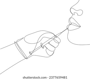 Dibujo continuo de la línea de belleza grabado en los labios. Jeringa de mano engullida para la ilustración del contorno de inyección de botox labial. Concepto de procedimiento de belleza.