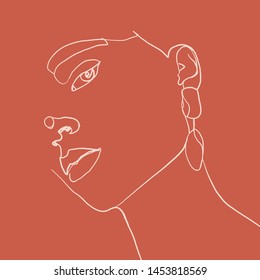 Continuous line, drawing of beauty woman face with earring , fashion concept, woman beauty minimalist, vector illustration for t-shirt slogan design print graphics style. One line fashion illustration