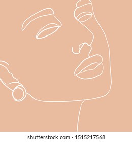 Continuous line, drawing of beauty woman face with earring , fashion concept, woman beauty minimalist, vector illustration for t-shirt slogan design print graphics style. One line fashion illustration