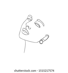 Continuous line, drawing of beauty woman face with earring , fashion concept, woman beauty minimalist, vector illustration for t-shirt slogan design print graphics style. One line fashion illustration