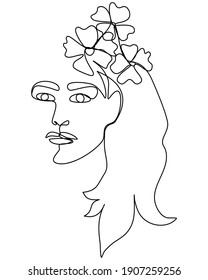 Continuous Line drawing beauty woman face with flowers and leaves. Abstract face woman one line art. Trendy minimalist style. Vector illustration.