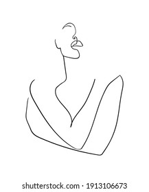 Continuous line, drawing of beauty woman hugging herself with crosed hands. Minimalism style. - Vector illustration