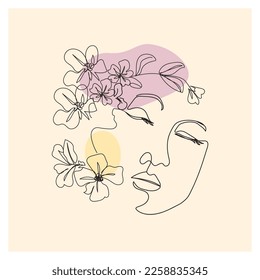 Continuous line drawing of beauty woman face with leaves vector illustration. One line minimalist art for organic cosmetics.