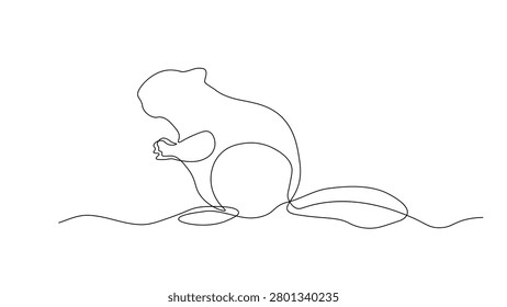 Continuous line drawing of a beaver sitting and eating on a white background, simple sketch, wildlife rodent behavior, nature concept
