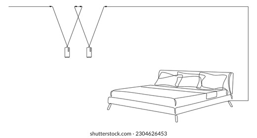 Continuous line drawing of bed and light lampshades. One line drawing. Interior of bedroom with furniture: double bed, lamps and bulbs for hotel, apartment, flat. Single line doodle vector illustratio