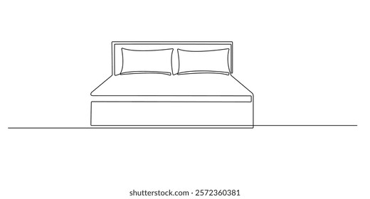 continuous line drawing of bed mattress.one line drawing of mattress with two pillows.single line vector illustration of hotel bed, apartment and others.isolated white background