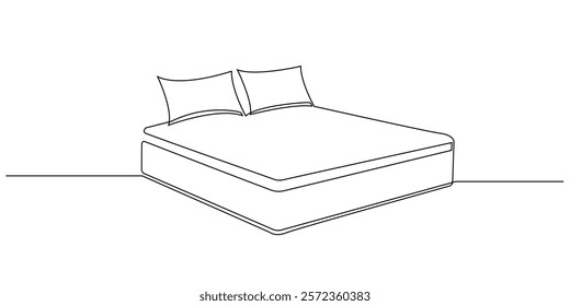 continuous line drawing of bed mattress.one line drawing of mattress with two pillows.single line vector illustration of hotel bed, apartment and others.isolated white background