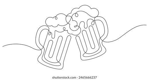 continuous line drawing of beer mug frothing clinking in happiness hour party time single line vector