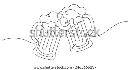 continuous line drawing of beer mug frothing clinking in happiness hour party time single line vector