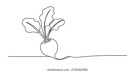 Um desenho de linha contínua de um vegetal de beterraba ou nabo com folhas contra um fundo branco