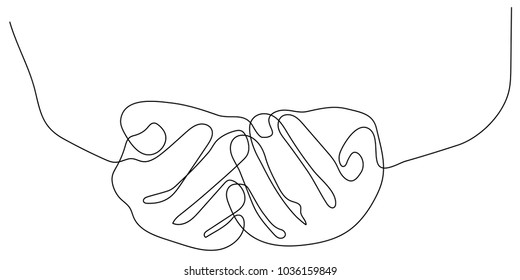 Continuous line drawing of beggar hand, Hands palms together on white background.