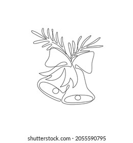 Continuous line drawing of bells with ribbon, fir tree branch isolated on white background. Simple contour art vector illustration of decorative bell for christmas template design