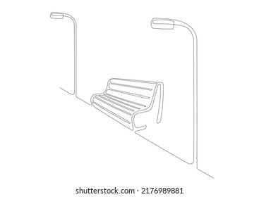 Continuous line drawing of Bench and lantern in park. Single line illustration. Line art style. One line minimalism style drawing. Wooden outdoor furniture for relax. Handdraw doodle vector