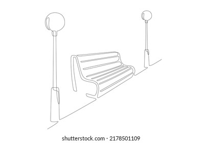 Dibujo continuo de líneas de Bench y linterna en vista de parque. Arte de líneas. Dibujo de estilo minimalista de una línea. Mobiliario exterior de madera para relajarse. Ilustración de una sola línea. Vector de doodle de tracción