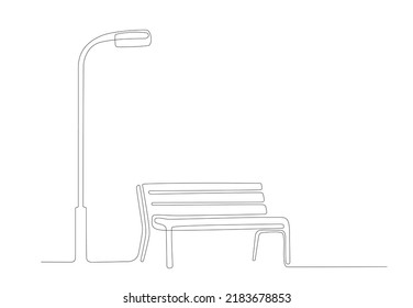 Continuous line drawing of Bench and lantern in park. Single line illustration. Line art style. One line minimalism style drawing. Wooden outdoor furniture for relax. Handdraw doodle vector