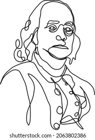 Continuous line drawing of Benjamin Franklin, minimalist hand drawn line art illustration vector