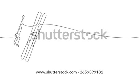 Continuous line drawing of biathlon equipment—rifle and skis—suitable for winter sports and event visuals.
