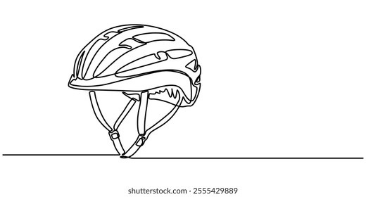 continuous line drawing of bicycle helmet.one line drawing of bicycle riding equipment helmet.single line vector illustration.isolated white background, Sport, cyclist, biker, mountain, track, race. 