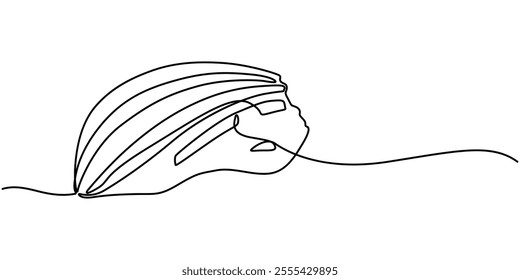 continuous line drawing of bicycle helmet.one line drawing of bicycle riding equipment helmet.single line vector illustration.isolated white background, Sport, cyclist, biker, mountain, track, race. 