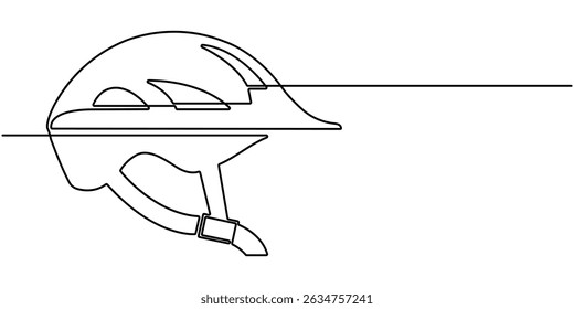 Continuous line drawing of bicycle helmet. Sport, skateboard, protection concept. Sport, cyclist, biker, mountain, track, race. isolated white background, vector illustration. Editable stroke vector.