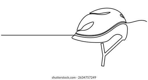 Continuous line drawing of bicycle helmet. Sport, skateboard, protection concept. Sport, cyclist, biker, mountain, track, race. isolated white background, vector illustration. Editable stroke vector.