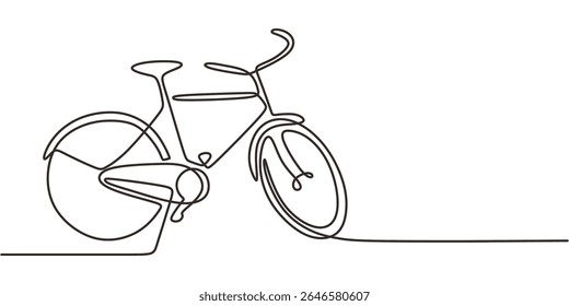Desenho de linha contínua de uma bicicleta. Um ícone minimalista para transporte e fitness verde, perfeito para um aplicativo de serviço de aluguel ou um blog de bem-estar.