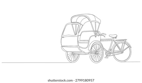 Continuous line drawing of a bicycle rickshaw or trishaw with rickshaw transport passenger continuous minimalist illustration carriage tradition mobility monochrome transportation adventure