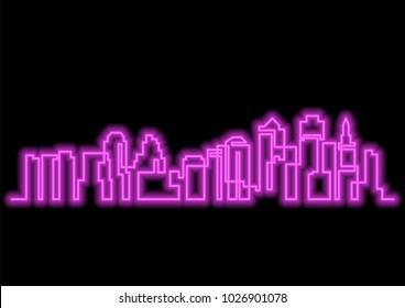 continuous line drawing of big city skyline with neon vector effect