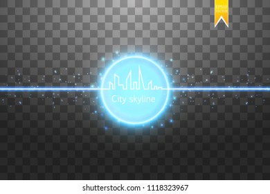 Continuous line drawing of big city skyline with neon vector effect