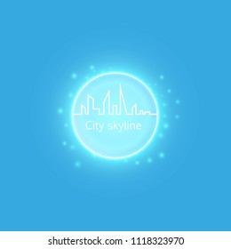 Continuous line drawing of big city skyline with neon vector effect