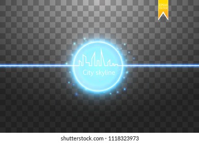 Continuous line drawing of big city skyline with neon vector effect