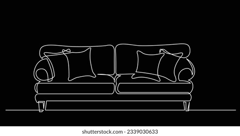 continuous line drawing of big comfortable couch with cushions