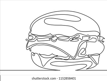 Continuous line drawing. Big Hamburger Fast food. Vector illustration