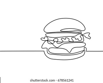 Continuous Line Drawing. Big Hamburger Fast Food. Vector Illustration Black Line On White Background.