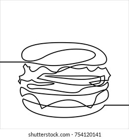 Continuous Line Drawing. Big Hamburger Fast Food. Vector Illustration