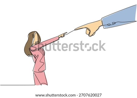 Continuous line drawing of big hand and woman colleagues blaming each other for a work conflict, business concept. This office blame game theme is related to National Blame Someone Else Day event.