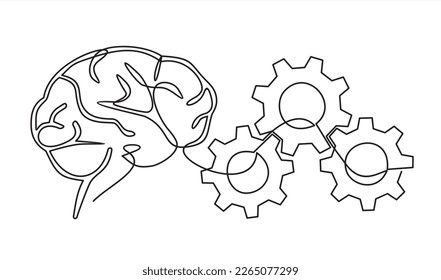 continuous line drawing of big human brain and gears