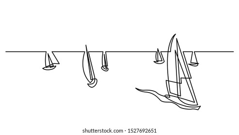 continuous line drawing of big regatta with yachts sailing on ocean