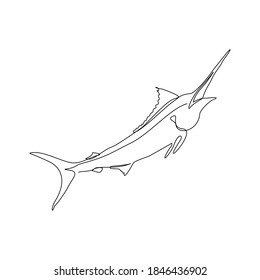 Continuous line drawing of big swimming swordfish marlin fish. One line concept of under water life. Vector illustration