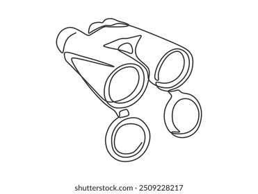 Desenho em linha contínua de binóculos ou um telescópio. Apresenta um único esboço em uma ilustração vetorial minimalista, desenhado à mão e isolado.