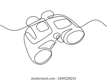 Desenho em linha contínua de binóculos ou um telescópio. Apresenta um único esboço em uma ilustração vetorial minimalista, desenhado à mão e isolado.