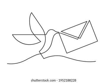 Continuous line drawing of bird carrying a letter. Vector illustration