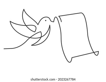 Continuous line drawing of bird carrying a scroll. Bird flying with scroll. Vector illustration