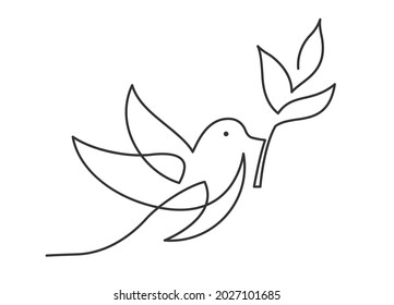 Continuous line drawing of bird carrying a branch. Bird flying with olive branch. Vector illustration