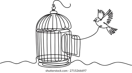 Desenho de linha contínua de pássaro voando longe de gaiola de pássaros aberta, conceito de liberdade ilustração vetorial, mão desenhada uma linha esboço escapar metáfora, simples rabiscar lineart preto e branco, projeto de contorno abstrato quebrando barreiras e emancipação.